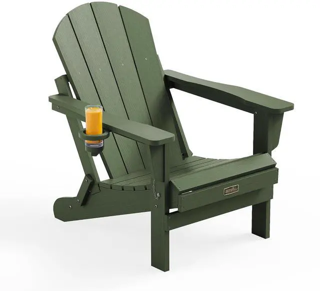 Main image of Folding Adirondack Chair for Patio Garden, All-Weather Outdoors Chairs with Cup Holder, Wooden Textured Fire Pit Chairs for Poolside, Backyard, Lawn - Army