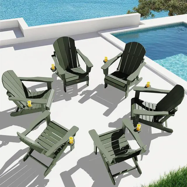 Alt view image 2 of 7 - Folding Adirondack Chair for Patio Garden, All-Weather Outdoors Chairs with Cup Holder, Wooden Textured Fire Pit Chairs for Poolside, Backyard, Lawn - Army
