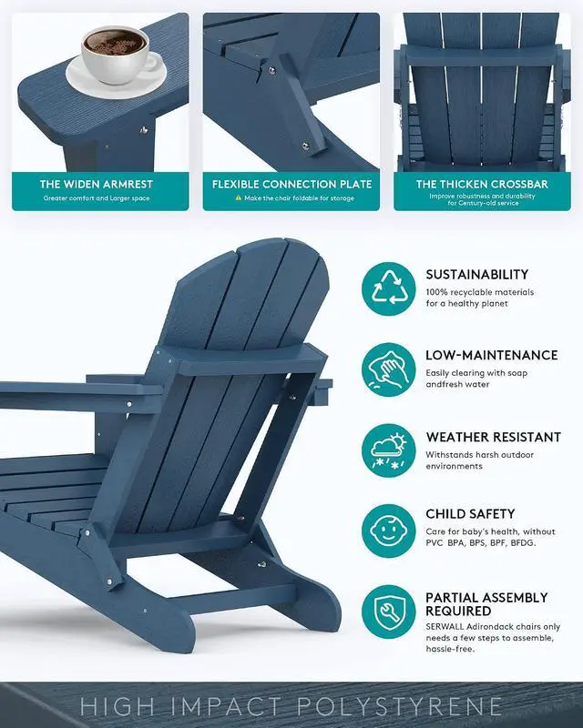 Alt view image 6 of 7 - Folding Adirondack Chairs with Cup Holder, Weather Resistant Adirondack Chairs for Outdoor, Patio, Lawn, Garden, Backyard Deck, Fire Pit - Blue