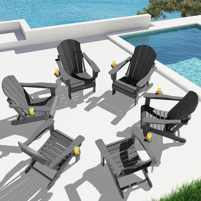 Main image of Folding Adirondack Chair with Cup Holder Set of 6, Weather Resistant HIPS Lawn Chairs, Wooden Textured, Fire Pit Chairs for Backyard, Garden, Fire Pit- Gray