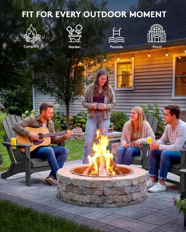 Alt view image 7 of 7 - Folding Adirondack Chair with Cup Holder Set of 6, Weather Resistant HIPS Lawn Chairs, Wooden Textured, Fire Pit Chairs for Backyard, Garden, Fire Pit- Gray