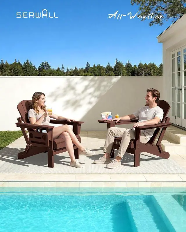 Alt view image 3 of 7 - Folding Adirondack Chair Set of 2, HIPS Adirondack Chairs with 4 in 1 Cup Holder, Weather Resistant Plastic Chairs for Patio Garden Outdoors Fire Pit-Coffee