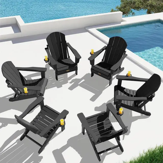 Main image of Folding Adirondack Chairs Set of 6, Patio Chairs Lawn Chair Outdoor Adirondack Chair with Cup Holder, Weather Resistant for Patio Deck Garden, Backyard, Fire Pit - Black