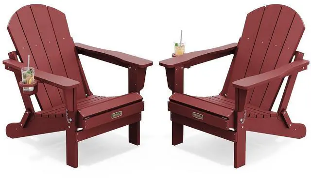 Main image of Foldable Adirondack Chair Set of 2, Weather Resistant HIPS Patio Chairs with Cup Holder for Garden Outdoors Fire Pit Chairs- Red