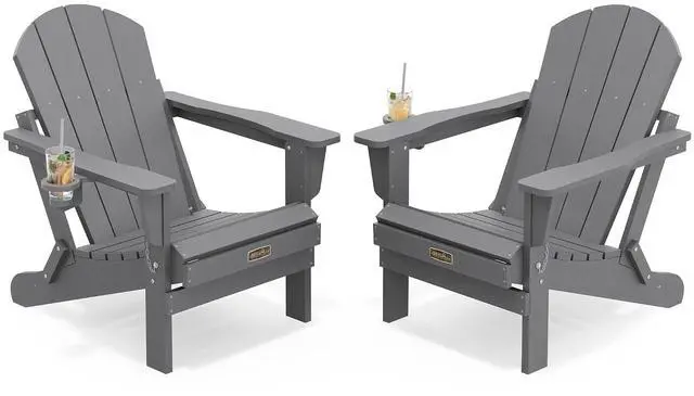 Main image of Folding Adirondack Chair with Cup Holder Set of 2, All Weather Adirondack Chairs, Fire Pit Chairs for Patio Garden Outdoors Fire Pit - Gray