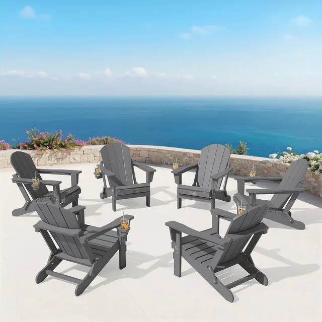 Alt view image 2 of 7 - Folding Adirondack Chair with Cup Holder Set of 2, All Weather Adirondack Chairs, Fire Pit Chairs for Patio Garden Outdoors Fire Pit - Gray