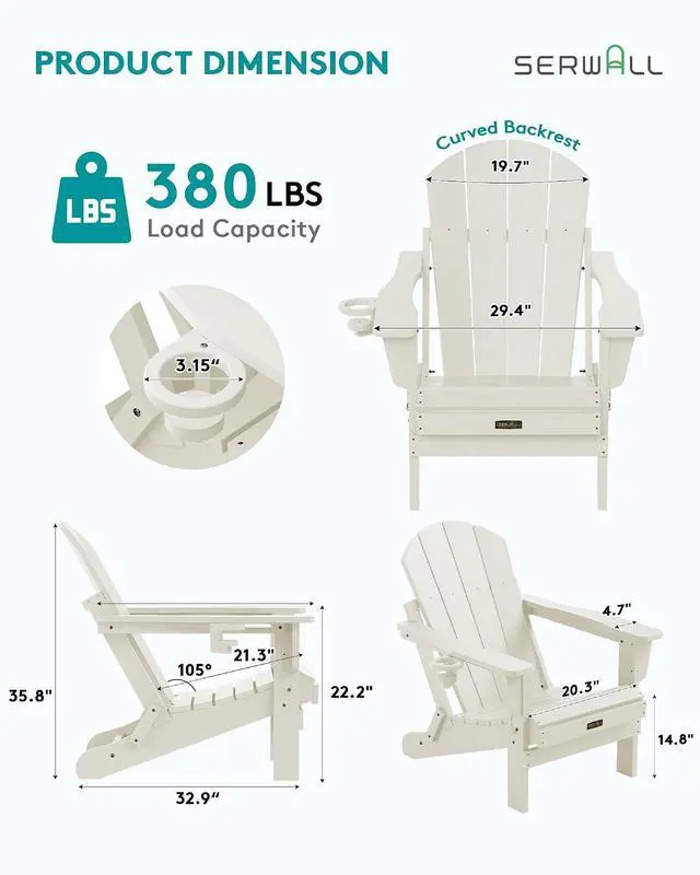 Alt view image 3 of 7 - Folding Adirondack Chair - HIPS Adirondack Chairs Outdoor Chairs Weather Resistant Fire Pit Chairs- White