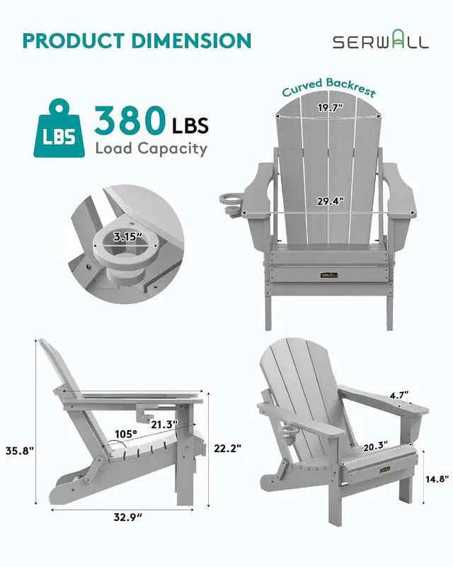 Alt view image 3 of 7 - Folding Adirondack Chair with Cup Holder for Patio Garden Outdoors Fire Pit- Spanish Gray