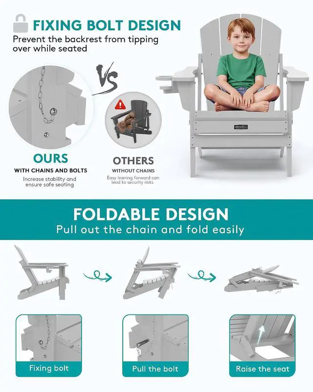 Alt view image 5 of 7 - Folding Adirondack Chair with Cup Holder for Patio Garden Outdoors Fire Pit- Spanish Gray
