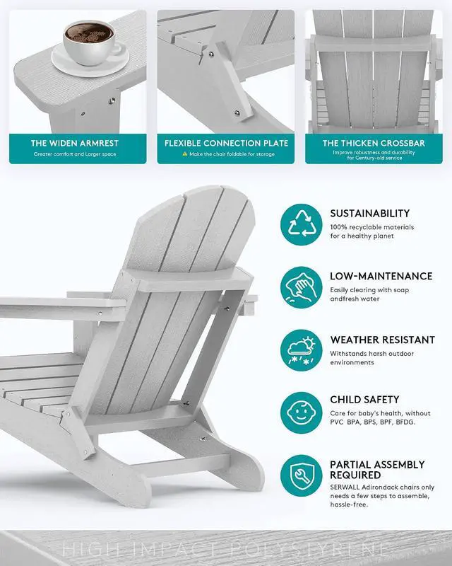 Alt view image 6 of 7 - Folding Adirondack Chair with Cup Holder for Patio Garden Outdoors Fire Pit- Spanish Gray