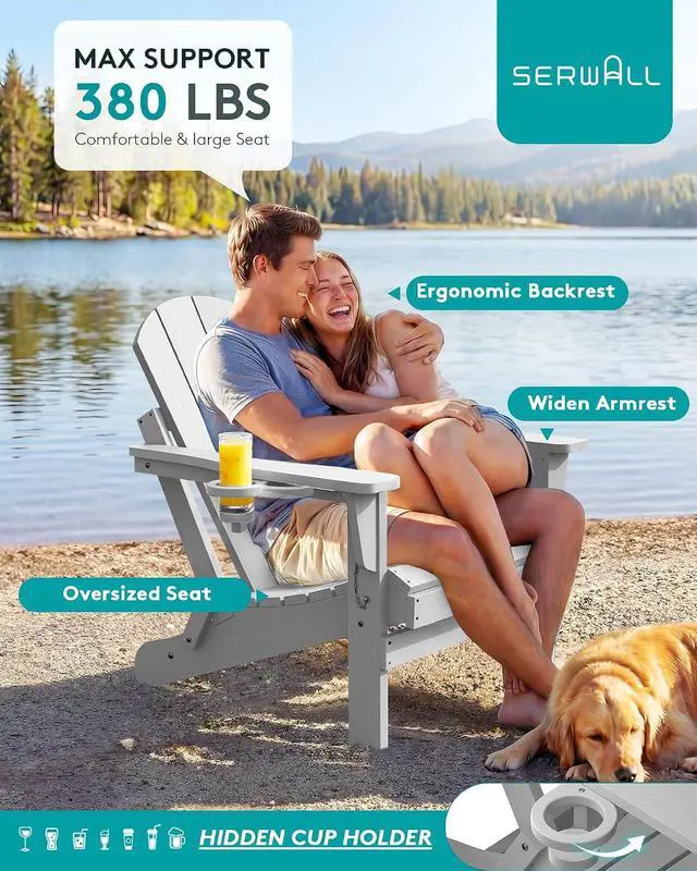 Alt view image 7 of 7 - Foldable Adirondack Chair Set of 2, Weather Resistant for Patio Chairs with Cup Holder Patio Garden Outdoors Fire Pit-Space Grey