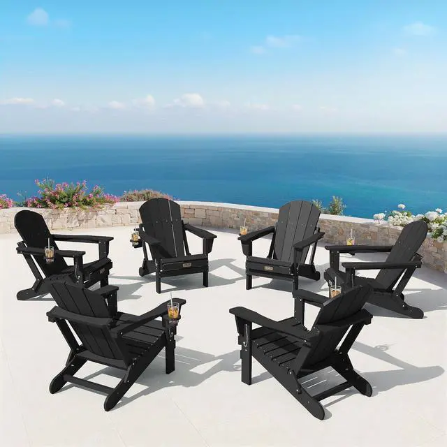 Alt view image 2 of 6 - Foldable Adirondack Chair with Cup Holder Set of 2, All Weather Adirondack Chairs for Patio Garden Outdoors Fire Pit - Black