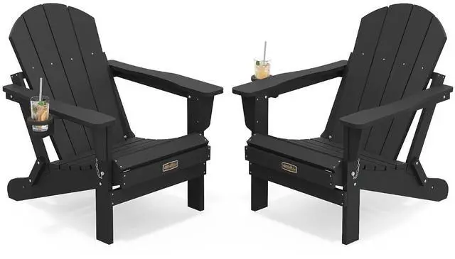 Main image of Foldable Adirondack Chair with Cup Holder Set of 2, All Weather Adirondack Chairs for Patio Garden Outdoors Fire Pit - Black