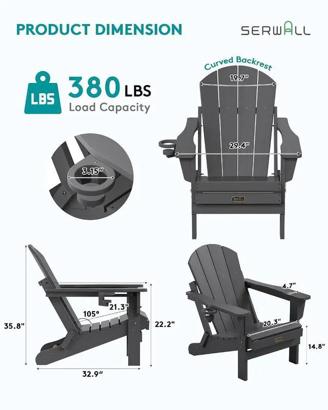 Alt view image 3 of 6 - Folding Adirondack Chair with Cup Holder Set of 4, Weather Resistant HIPS Patio Chairs, Wooden Textured, Fire Pit Chairs for Garden Outdoors Fire Pit - Gray