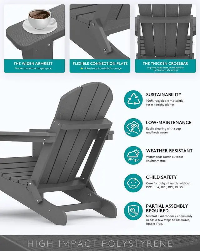 Alt view image 5 of 6 - Folding Adirondack Chair with Cup Holder Set of 4, Weather Resistant HIPS Patio Chairs, Wooden Textured, Fire Pit Chairs for Garden Outdoors Fire Pit - Gray