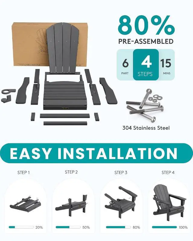 Alt view image 6 of 6 - Folding Adirondack Chair with Cup Holder Set of 4, Weather Resistant HIPS Patio Chairs, Wooden Textured, Fire Pit Chairs for Garden Outdoors Fire Pit - Gray