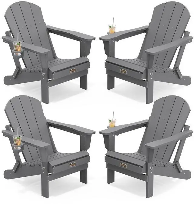 Main image of Folding Adirondack Chair with Cup Holder Set of 4, Weather Resistant HIPS Patio Chairs, Wooden Textured, Fire Pit Chairs for Garden Outdoors Fire Pit - Gray