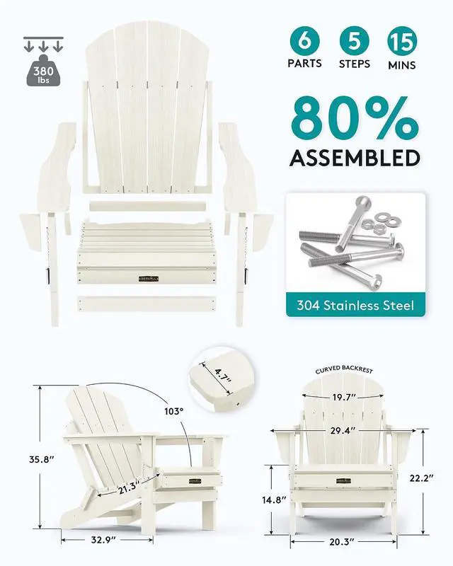 Alt view image 2 of 7 - Adirondack Chair - Folding Adirondack Chairs Hips Outdoor Chairs Set of 6 Weather Resistant- White