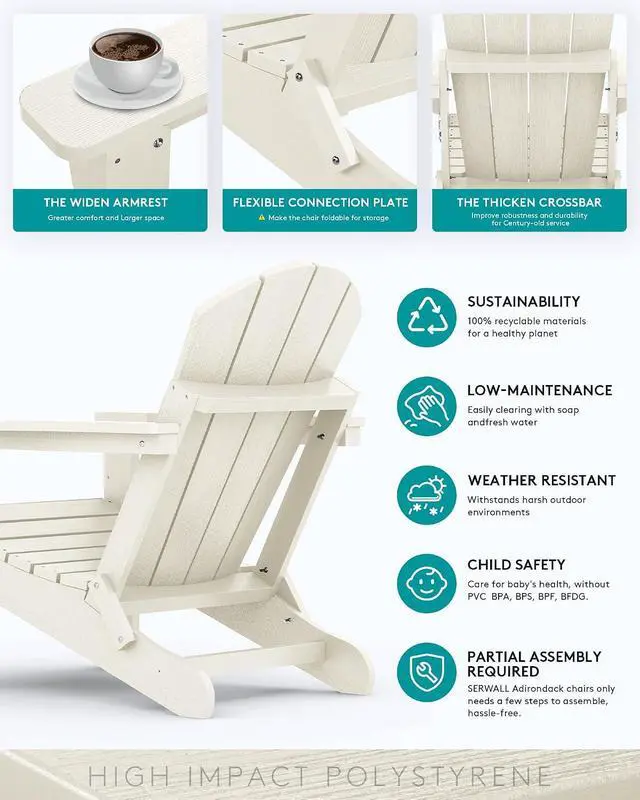 Alt view image 5 of 7 - Adirondack Chair - Folding Adirondack Chairs Hips Outdoor Chairs Set of 6 Weather Resistant- White