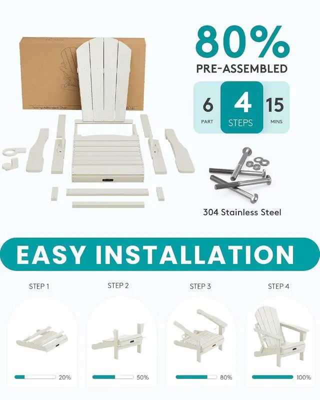 Alt view image 6 of 7 - Adirondack Chair - Folding Adirondack Chairs Hips Outdoor Chairs Set of 6 Weather Resistant- White
