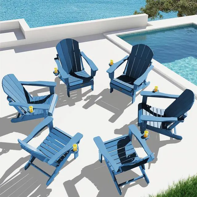 Main image of Folding Adirondack Chair Set of 6, Weather Resistant HIPS Lawn Chairs with Cup Holder for Garden Outdoors Fire Pit- Sapphire