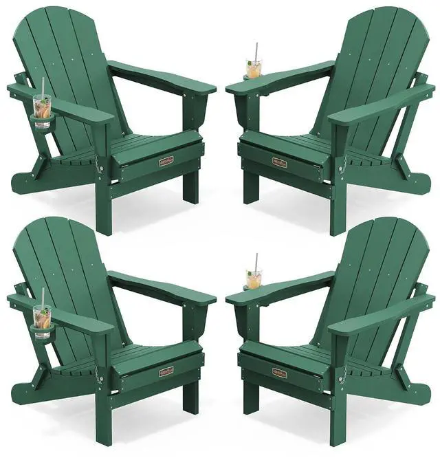 Main image of Foldable Adirondack Chair Set of 4, Weather Resistant HIPS Patio Chairs with Cup Holder for Garden Outdoors Fire Pit Chairs-Green