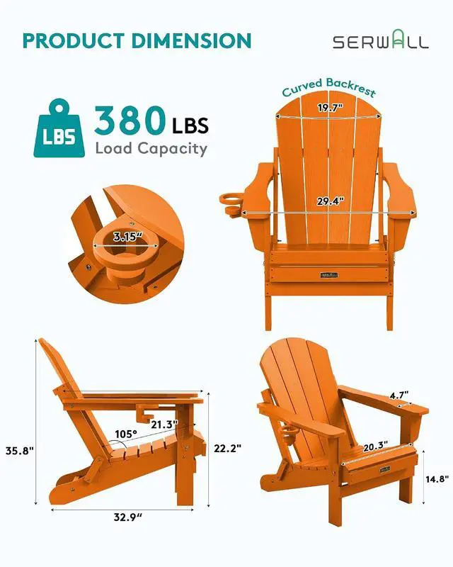 Alt view image 3 of 7 - Adirondack Chair for Patio Garden Outdoors Heavy All-Weather Fire Pit Chairs - Orange