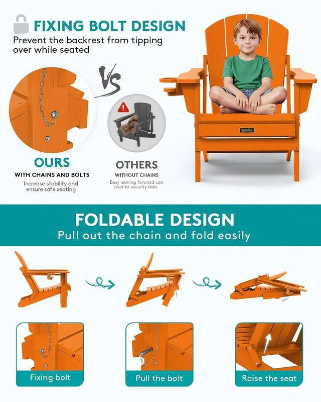 Alt view image 5 of 7 - Adirondack Chair for Patio Garden Outdoors Heavy All-Weather Fire Pit Chairs - Orange