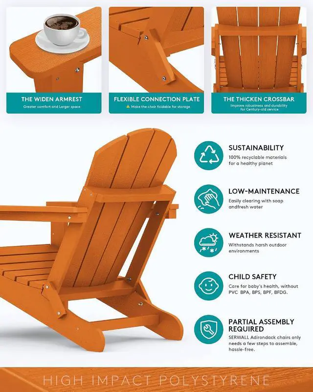 Alt view image 6 of 7 - Adirondack Chair for Patio Garden Outdoors Heavy All-Weather Fire Pit Chairs - Orange