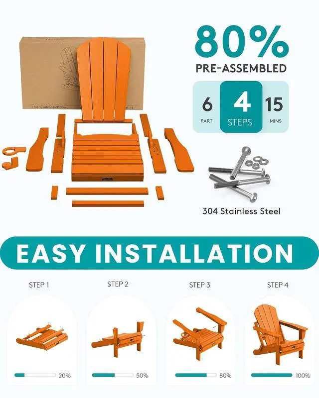 Alt view image 7 of 7 - Adirondack Chair for Patio Garden Outdoors Heavy All-Weather Fire Pit Chairs - Orange