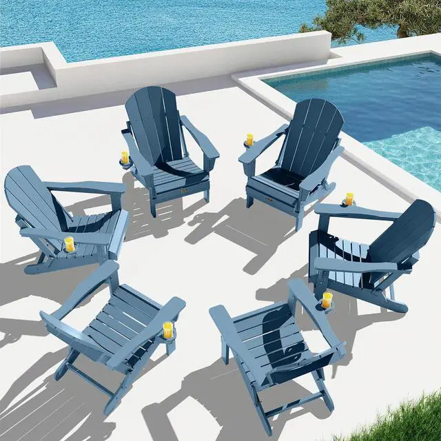 Main image of Folding Adirondack Chair with Cup Holder Set of 6, Weather Resistant HIPS Lawn Chairs, Wooden Textured, Fire Pit Chairs for Backyard, Garden - Blue