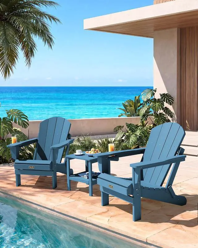 Alt view image 3 of 7 - Folding Adirondack Chair with Cup Holder Set of 6, Weather Resistant HIPS Lawn Chairs, Wooden Textured, Fire Pit Chairs for Backyard, Garden - Blue