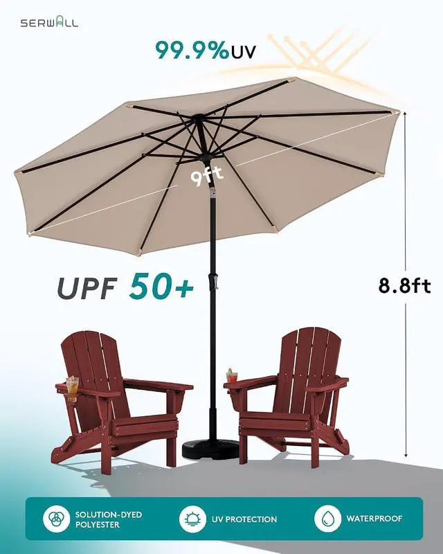Alt view image 2 of 7 - Folding Adirondack Chair Set of 2 with 9Ft Umbrella, HDPE Adirondack Chairs with Adjustable Recline Positions, Red (Umbrella Base is not Included)