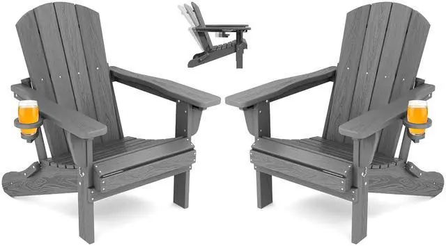 Main image of Folding Adirondack Chair Set of 2, Adjustable Adirondack Chair with 3 Recline Positions, All Weather HDPE Outdoor Adirondack with Cup Holders, Gray