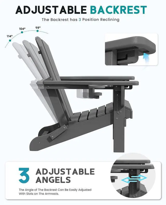 Alt view image 4 of 7 - Folding Adirondack Chair, Adirondack Outdoor Chair with Cup Holder, Adjustable Adirondack Chair with 3 Recline Positions, All Weather HDPE Outdoor Adirondack, Gray