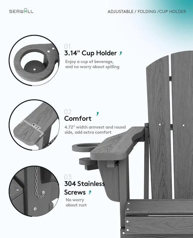 Alt view image 3 of 7 - Folding Adirondack Chair, Adirondack Outdoor Chair with Cup Holder, Adjustable Adirondack Chair with 3 Recline Positions, All Weather HDPE Outdoor Adirondack, Gray