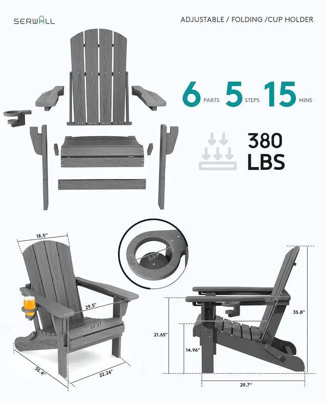 Alt view image 5 of 7 - Folding Adirondack Chair, Adirondack Outdoor Chair with Cup Holder, Adjustable Adirondack Chair with 3 Recline Positions, All Weather HDPE Outdoor Adirondack, Gray