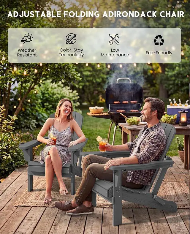 Alt view image 6 of 7 - Folding Adirondack Chair, Adirondack Outdoor Chair with Cup Holder, Adjustable Adirondack Chair with 3 Recline Positions, All Weather HDPE Outdoor Adirondack, Gray