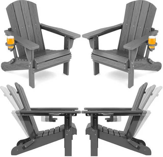 Main image of Folding Adirondack Chair Set of 4, Adjustable Adirondack Chair with 3 Recline Positions, All Weather HDPE Outdoor Adirondack with Cup Holders, Gray