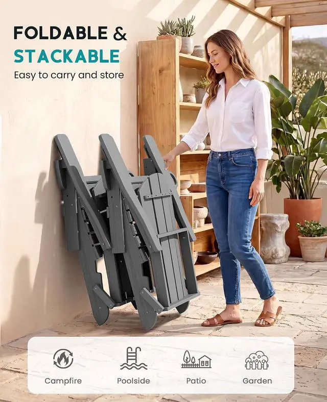 Alt view image 7 of 7 - Folding Adirondack Chair Set of 6, Adjustable Adirondack Chair with 3 Recline Positions, All Weather HDPE Outdoor Adirondack with Cup Holders, Gray