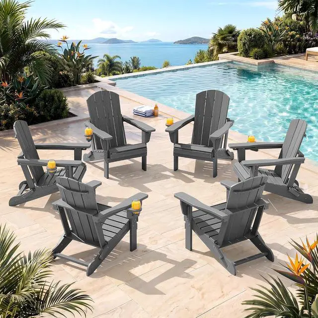 Main image of Folding Adirondack Chair Set of 6, Adjustable Adirondack Chair with 3 Recline Positions, All Weather HDPE Outdoor Adirondack with Cup Holders, Gray