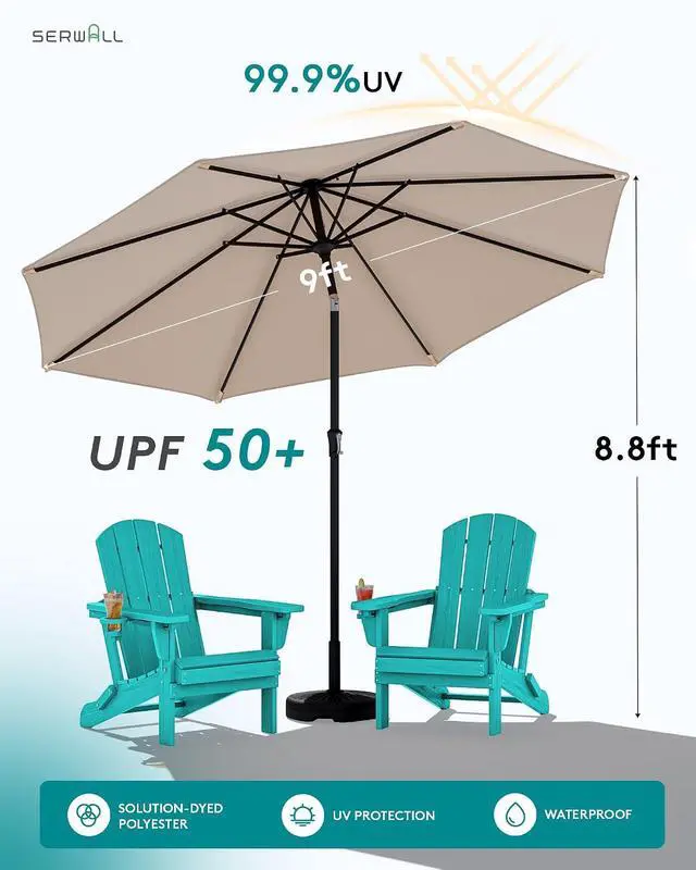 Alt view image 2 of 7 - Folding Adirondack Chair Set of 2 with 9Ft Umbrella, HDPE Adirondack Chairs with Adjustable Recline Positions, Aruba (Umbrella Base is not Included)
