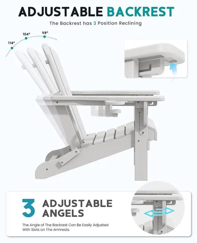 Alt view image 3 of 7 - Folding Adirondack Chair, Adirondack Outdoor Chair with Cup Holder, Adjustable Adirondack Chair with 3 Recline Positions, All Weather HDPE Outdoor Adirondack, White