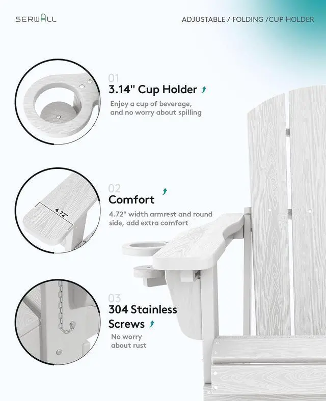 Alt view image 4 of 7 - Folding Adirondack Chair, Adirondack Outdoor Chair with Cup Holder, Adjustable Adirondack Chair with 3 Recline Positions, All Weather HDPE Outdoor Adirondack, White