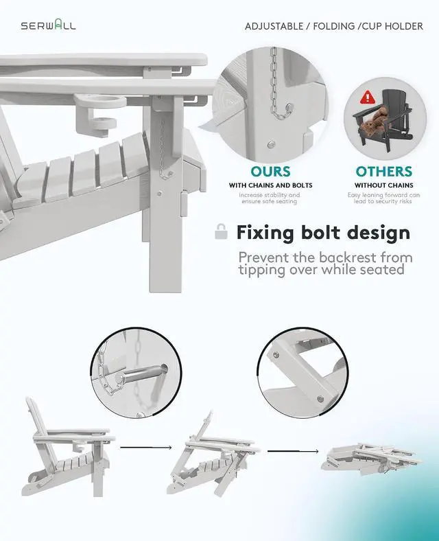 Alt view image 5 of 7 - Folding Adirondack Chair, Adirondack Outdoor Chair with Cup Holder, Adjustable Adirondack Chair with 3 Recline Positions, All Weather HDPE Outdoor Adirondack, White