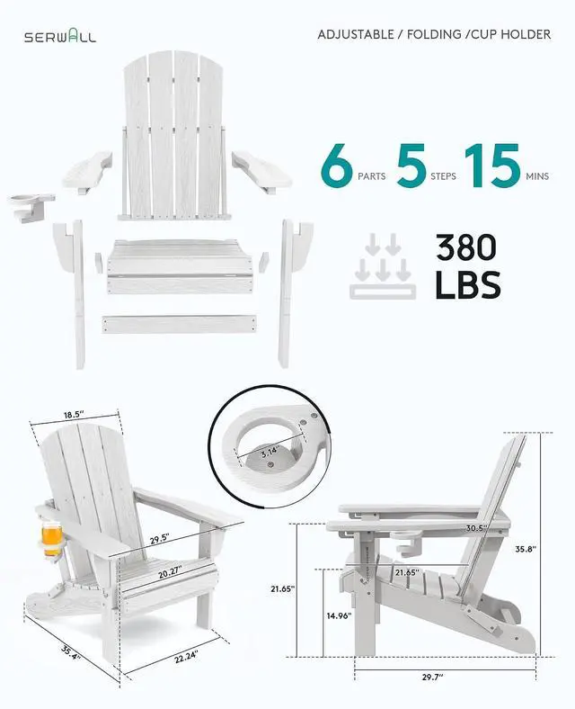 Alt view image 6 of 7 - Folding Adirondack Chair, Adirondack Outdoor Chair with Cup Holder, Adjustable Adirondack Chair with 3 Recline Positions, All Weather HDPE Outdoor Adirondack, White