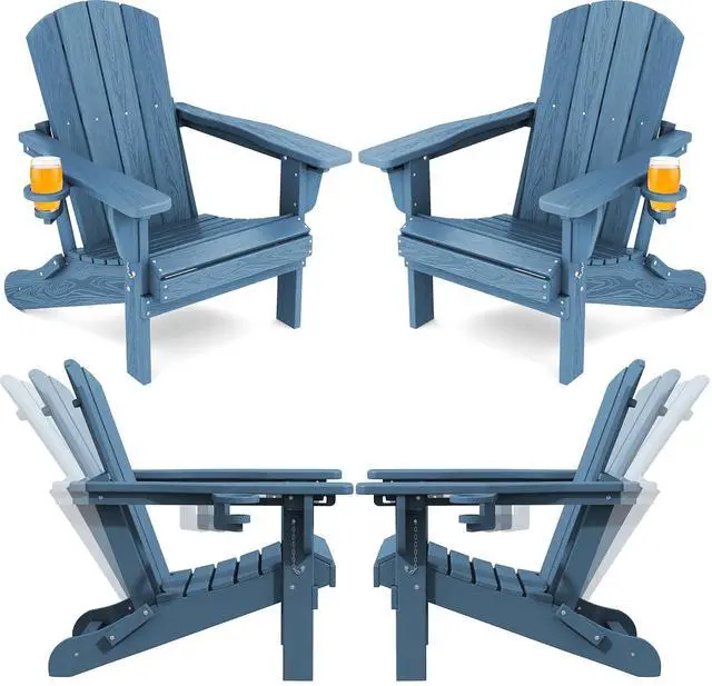 Main image of Folding Adirondack Chair Set of 4, Adjustable Adirondack Chair with 3 Recline Positions, All Weather HDPE Outdoor Adirondack with Cup Holders, Blue