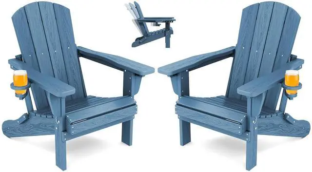 Main image of Folding Adirondack Chair Set of 2, Adjustable Adirondack Chair with 3 Recline Positions, All Weather HDPE Outdoor Adirondack with Cup Holders, Blue