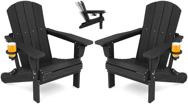 Main image of Folding Adirondack Chair Set of 2, Adjustable Adirondack Chair with 3 Recline Positions, All Weather HDPE Outdoor Adirondack with Cup Holders, Black