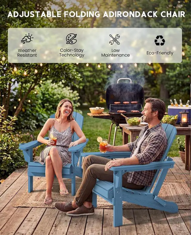 Alt view image 7 of 7 - Folding Adirondack Chair Set of 2, Adjustable Adirondack Chair with 3 Recline Positions, All Weather HDPE Outdoor Adirondack with Cup Holders, Blue